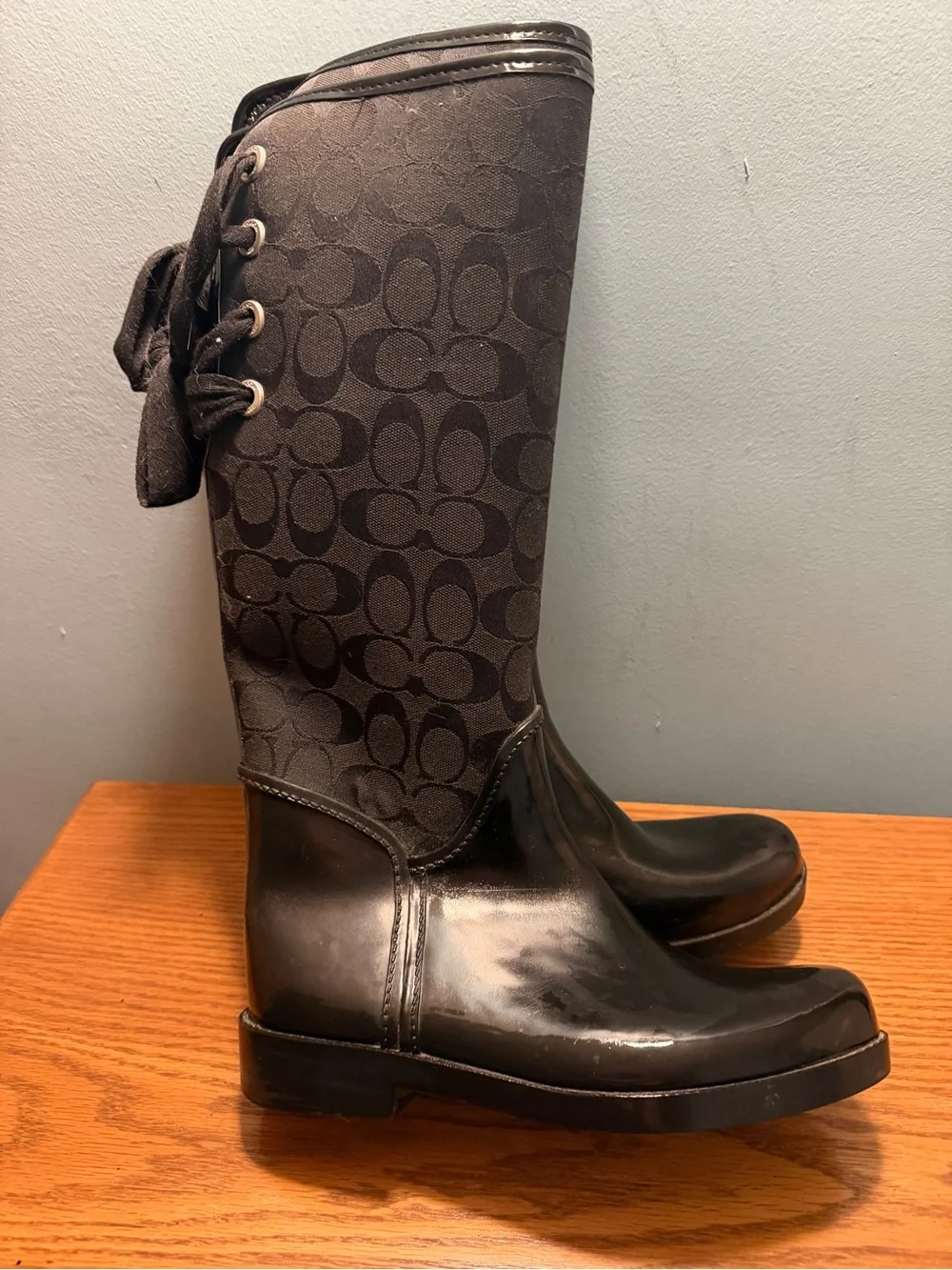 Coach Tall Black Signature Lace-Back Rain Boots